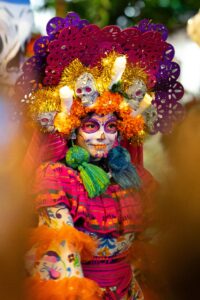 A vibrant Catrina costume at the Day of the Dead festival in Merida, Mexico.